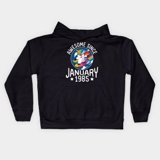 Unicorn Surfing Awesome Since January 1985 Happy Birthday 36 Years Old To Me Dad Mom Son Daughter Kids Hoodie